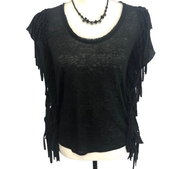 Manoush Black braided fringe boho hippie 100% linen women's blouse size small - Picture 1 of 3